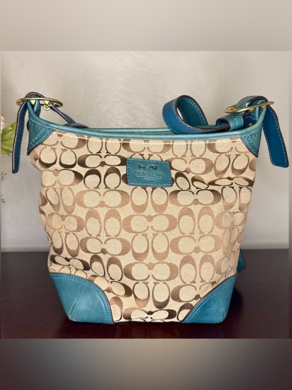 Coach 2009 Signature “C” in EUC in Teal Beige Shoulder Crossbody Bag